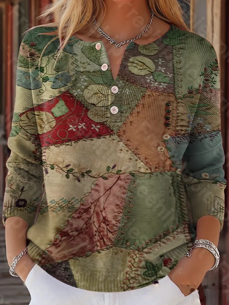 Vintage Botanical Art Color Block Print Button Cardigan Sweater