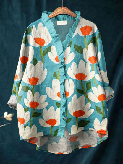 Women's Vintage Floral Art Print Casual Cotton And Linen Ruffle Shirt