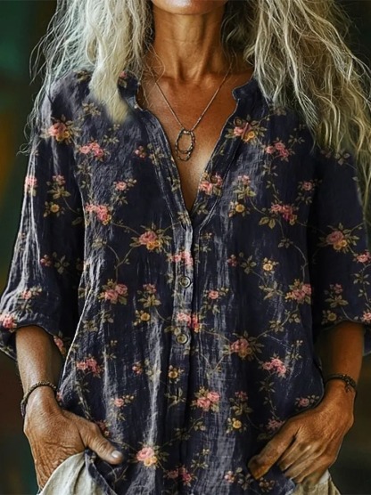 Retro Ethnic Flowers Women's Art Print Casual Cotton Linen Shirt