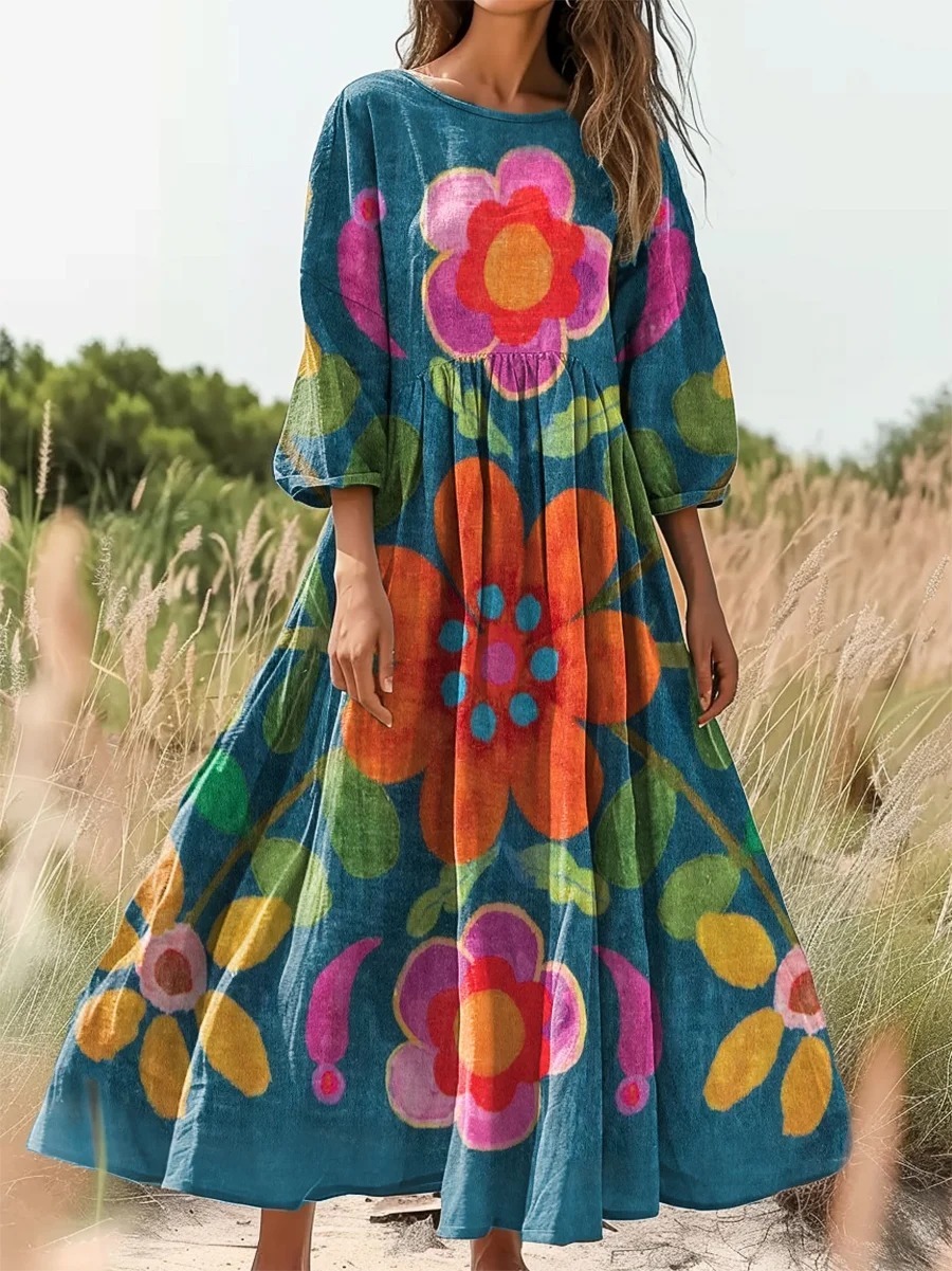 Women's Bohemian Floral Art Print Casual Cotton Linen Shirt