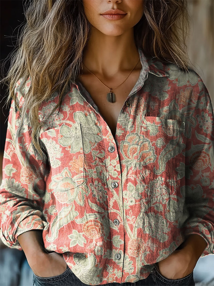 Women's Vintage Lovely Floral Pattern Art Print Casual Long Sleeve Comfortable Cotton Shirt