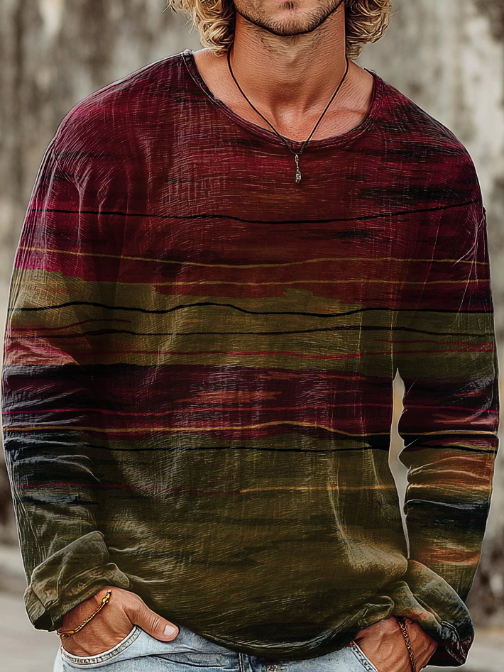 Men's Vintage Red And Green Color-blocked Art Print Casual Cotton Crew Neck Pullover Shirt