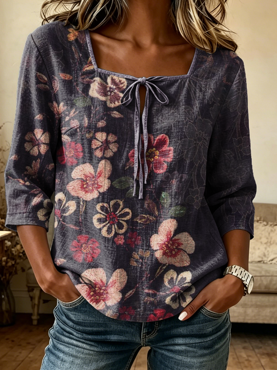 Women's Retro Floral Art Print Casual Three-quarter Sleeve Square Neck Cotton Linen Shirt