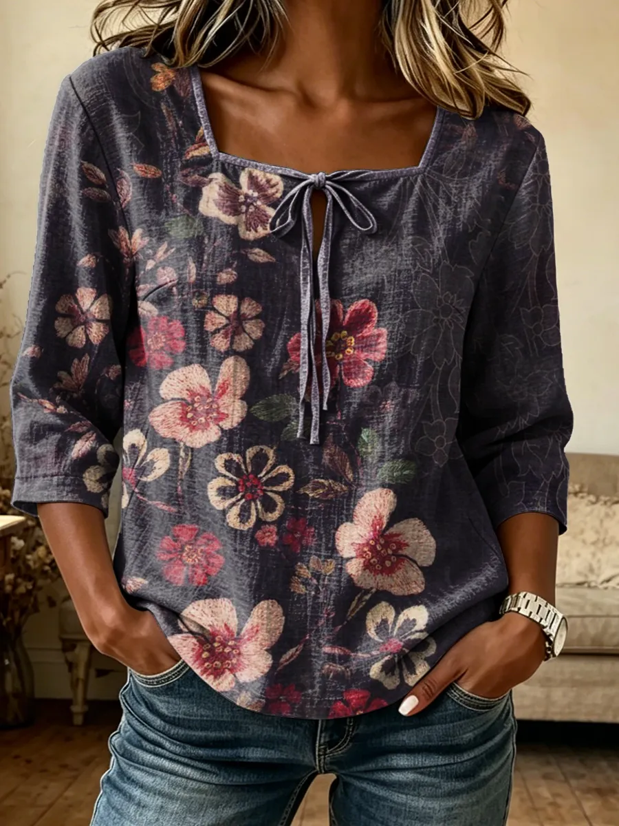 Women's Retro Floral Art Print Casual Three-quarter Sleeve Square Neck Cotton Linen Shirt