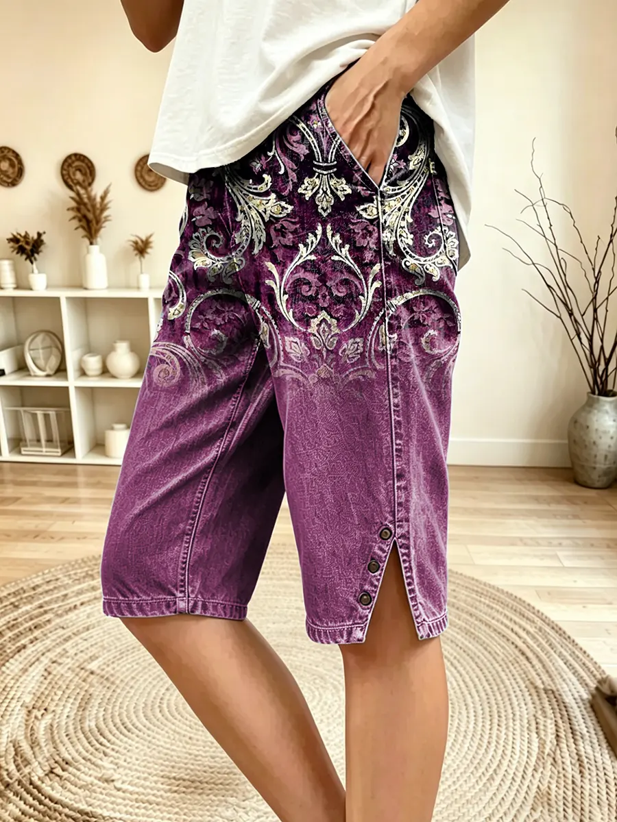 Women's Baroque Ornate Print Denim Bermuda Shorts