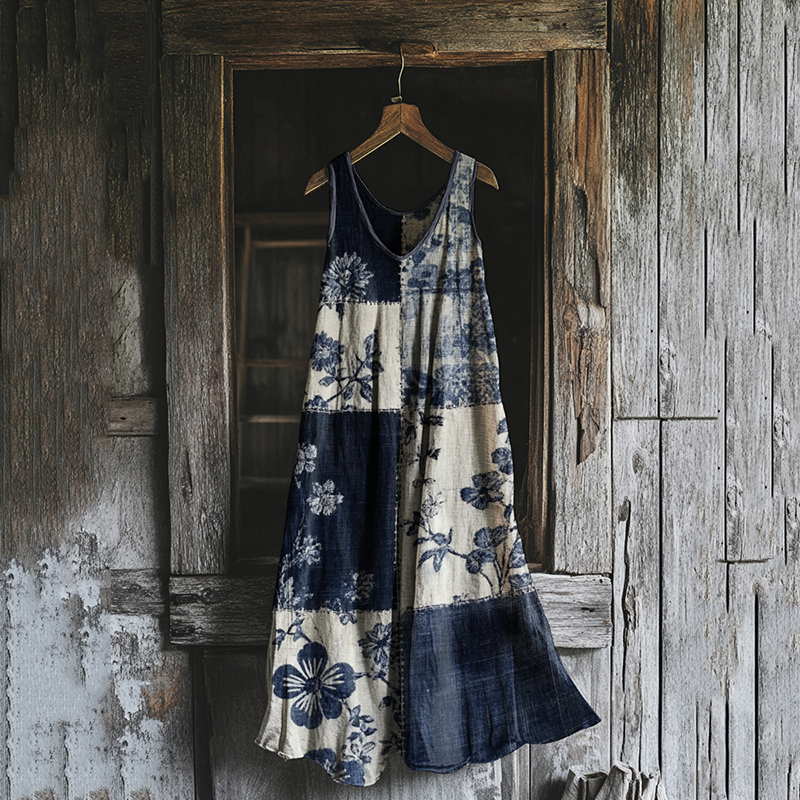 Women's Vintage Floral Geometry Art Linen Tank Dress