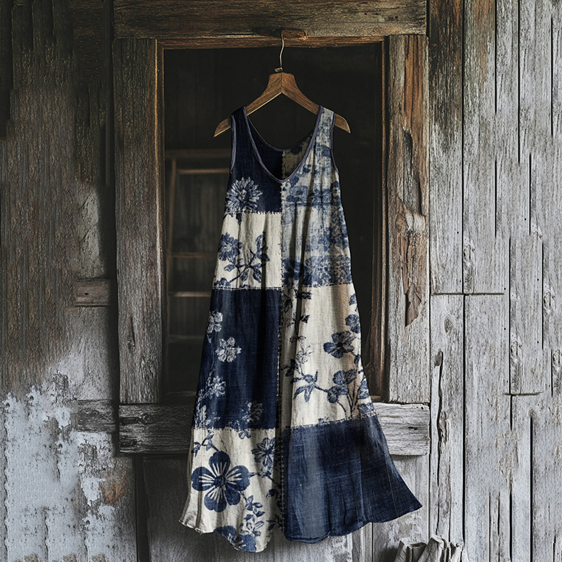 Women's Vintage Floral Geometry Art Linen Tank Dress