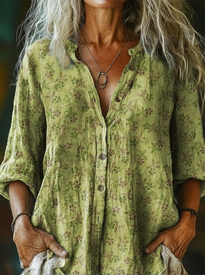 Women's Retro Ethnic Green Flowers Print Casual Cotton Linen Shirt