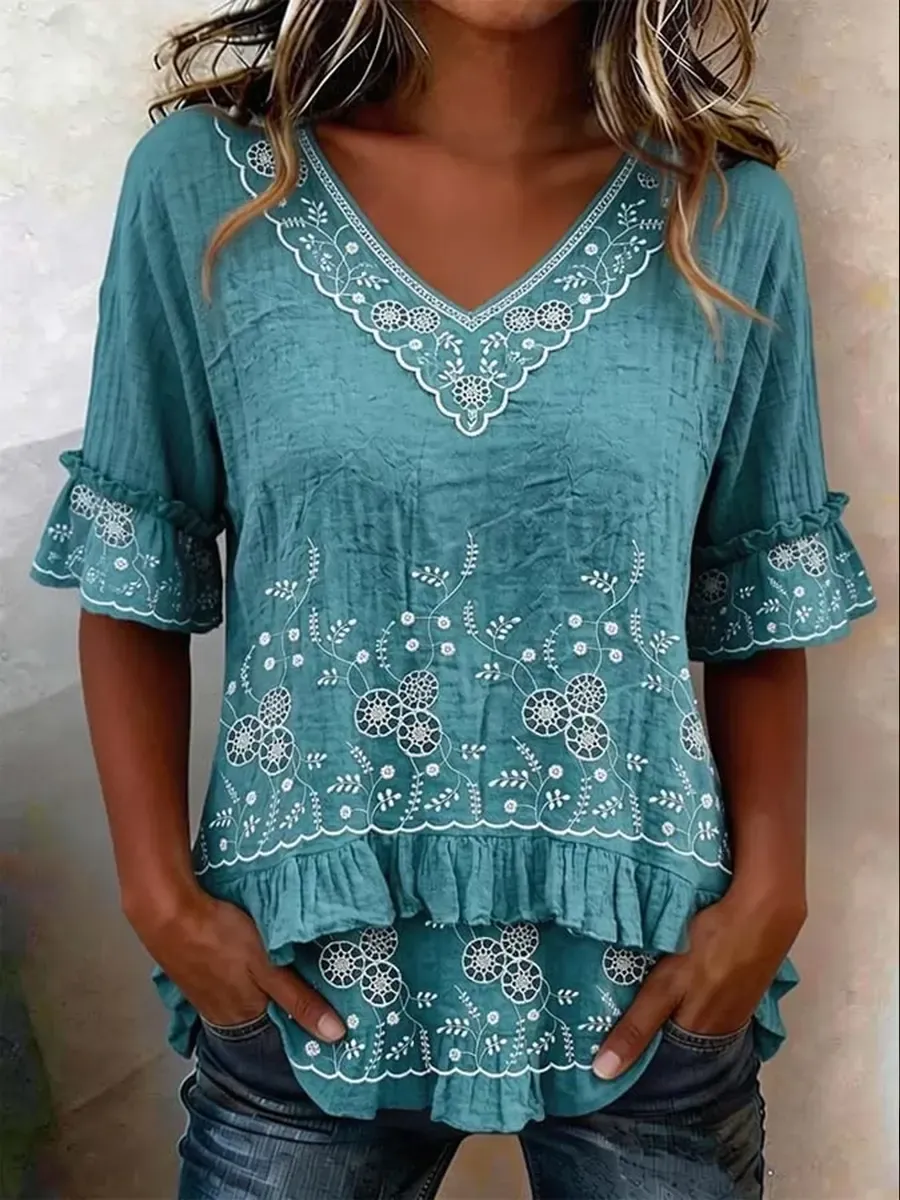 Women's Casual V-Neck Double-Layer Ruffled Trim Vintage Floral Print Cotton Shirt
