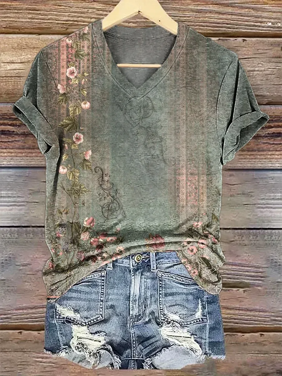 Women's Vintage Ethnic Floral Print 100%Cotton V-neck T-Shirt
