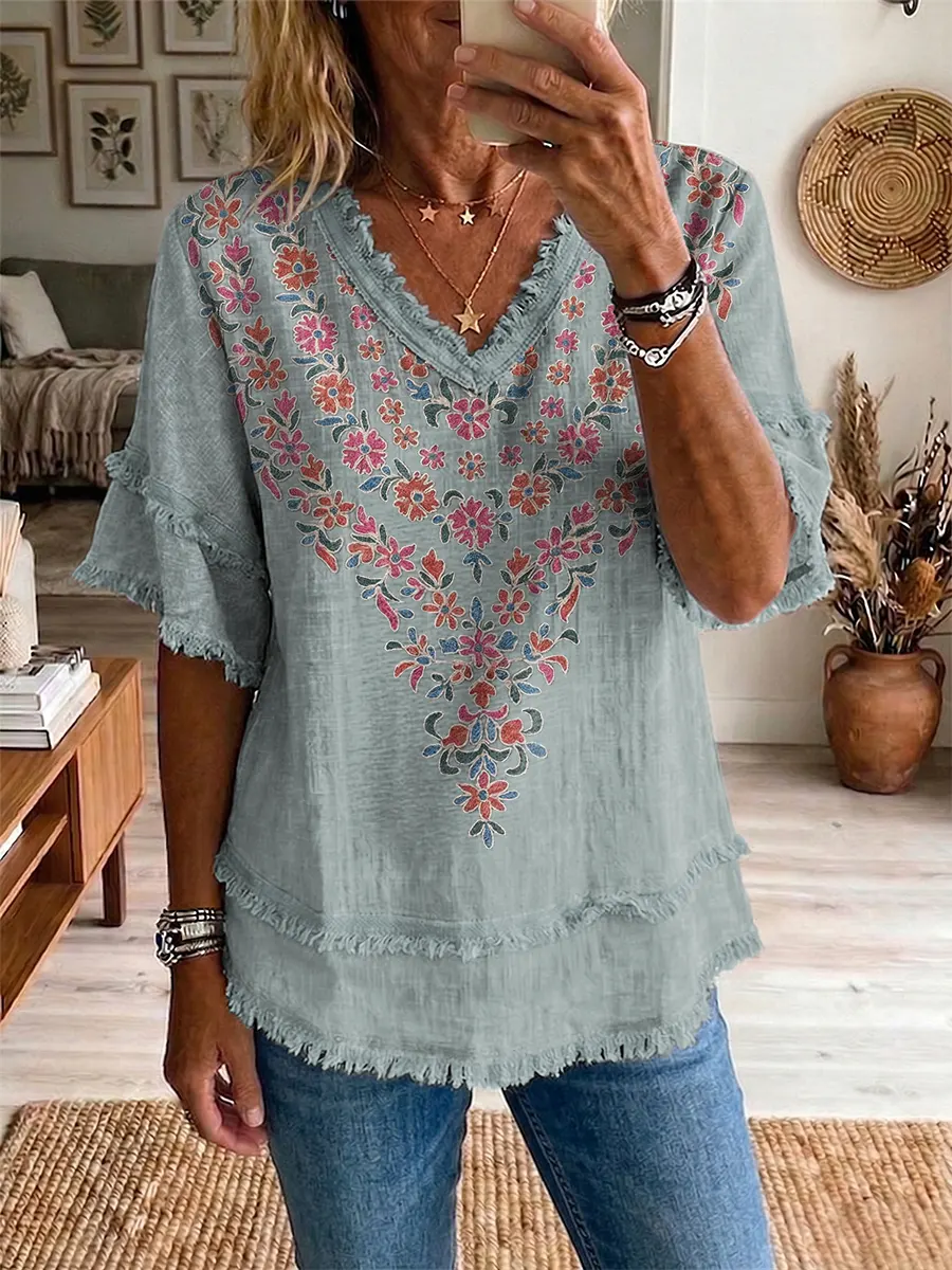 Ethnicity Flowers Bohemian Women's Art Casual Patchwork V Collar Shirt