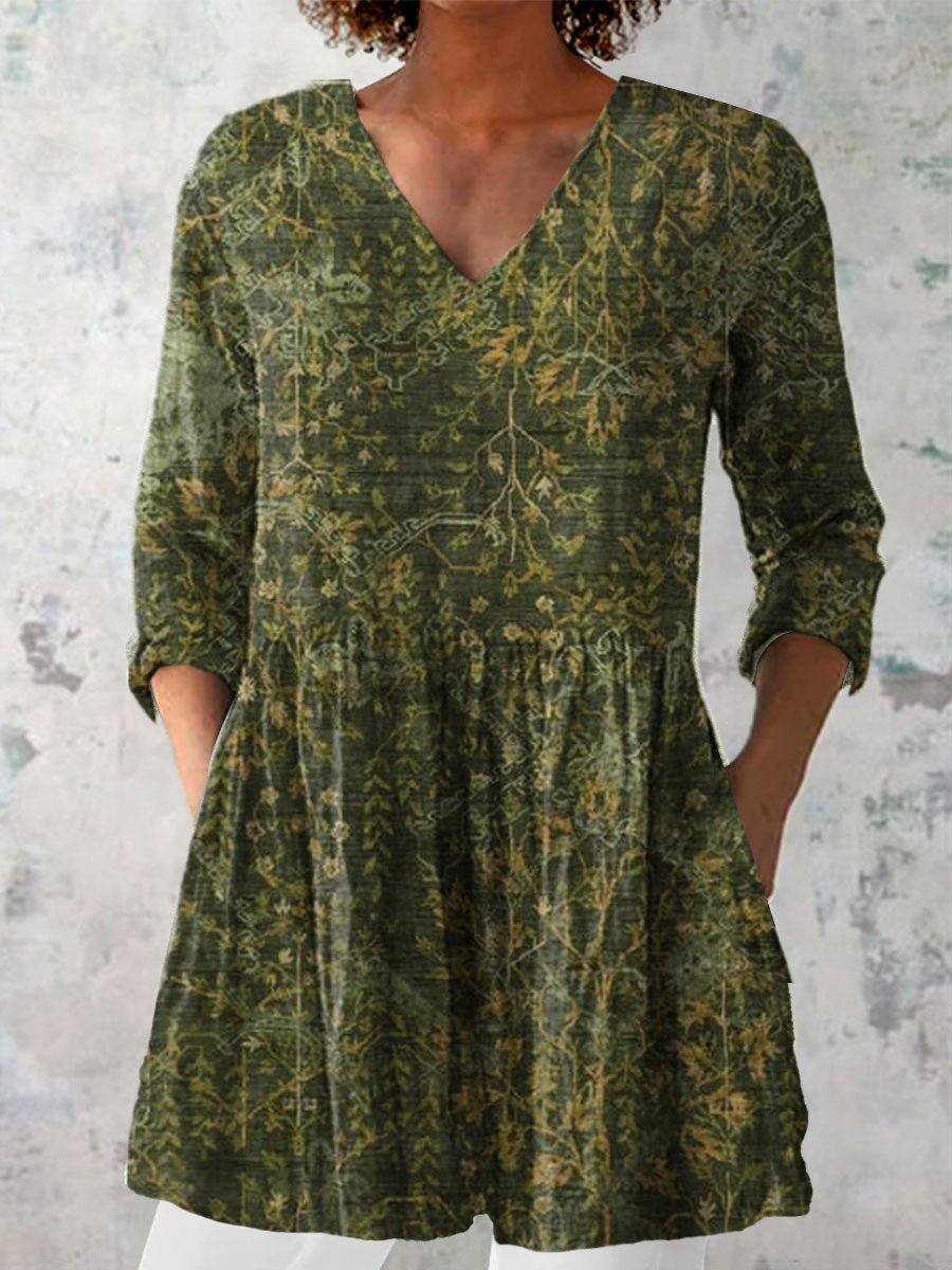 Women's Casual Green Forest Print V-Neck Top