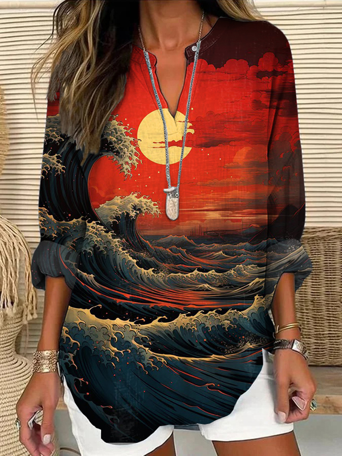 Women's Retro Japan Kanagawa Waves Autumn Painting Print Linen V-neck Shirt