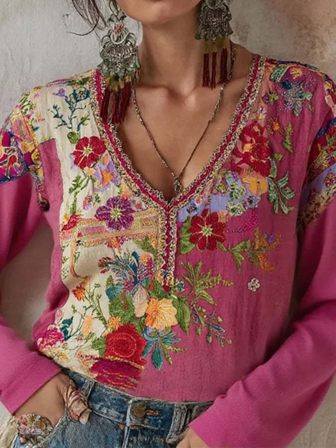 Women's Vintage Pink Floral Art Round Neck Linen Blend T-Shirt