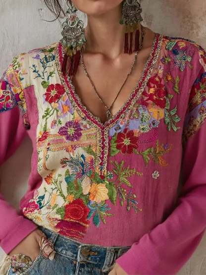 Women's Vintage Pink Floral Art Round Neck Linen Blend T-Shirt