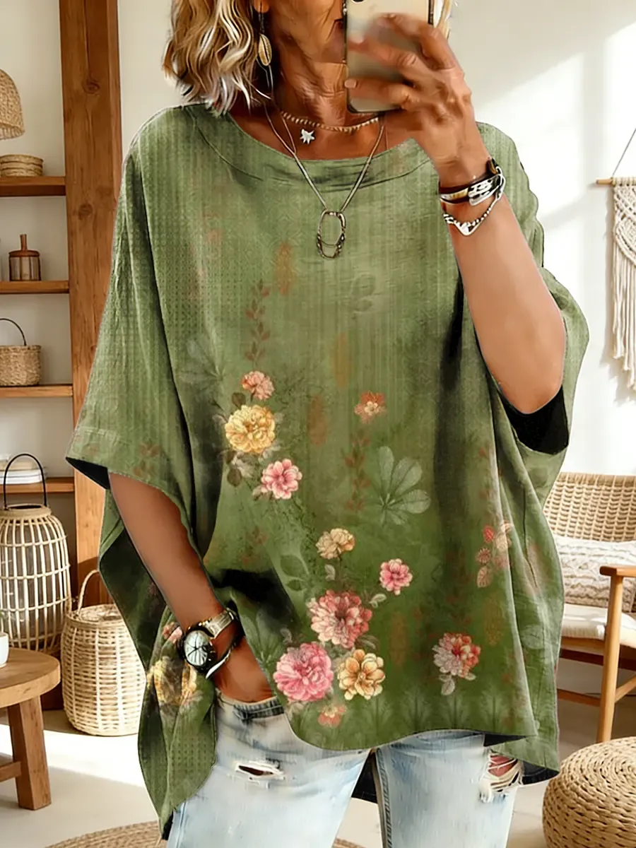 Women's Floral Art Print Round Neck Loose Cotton Top