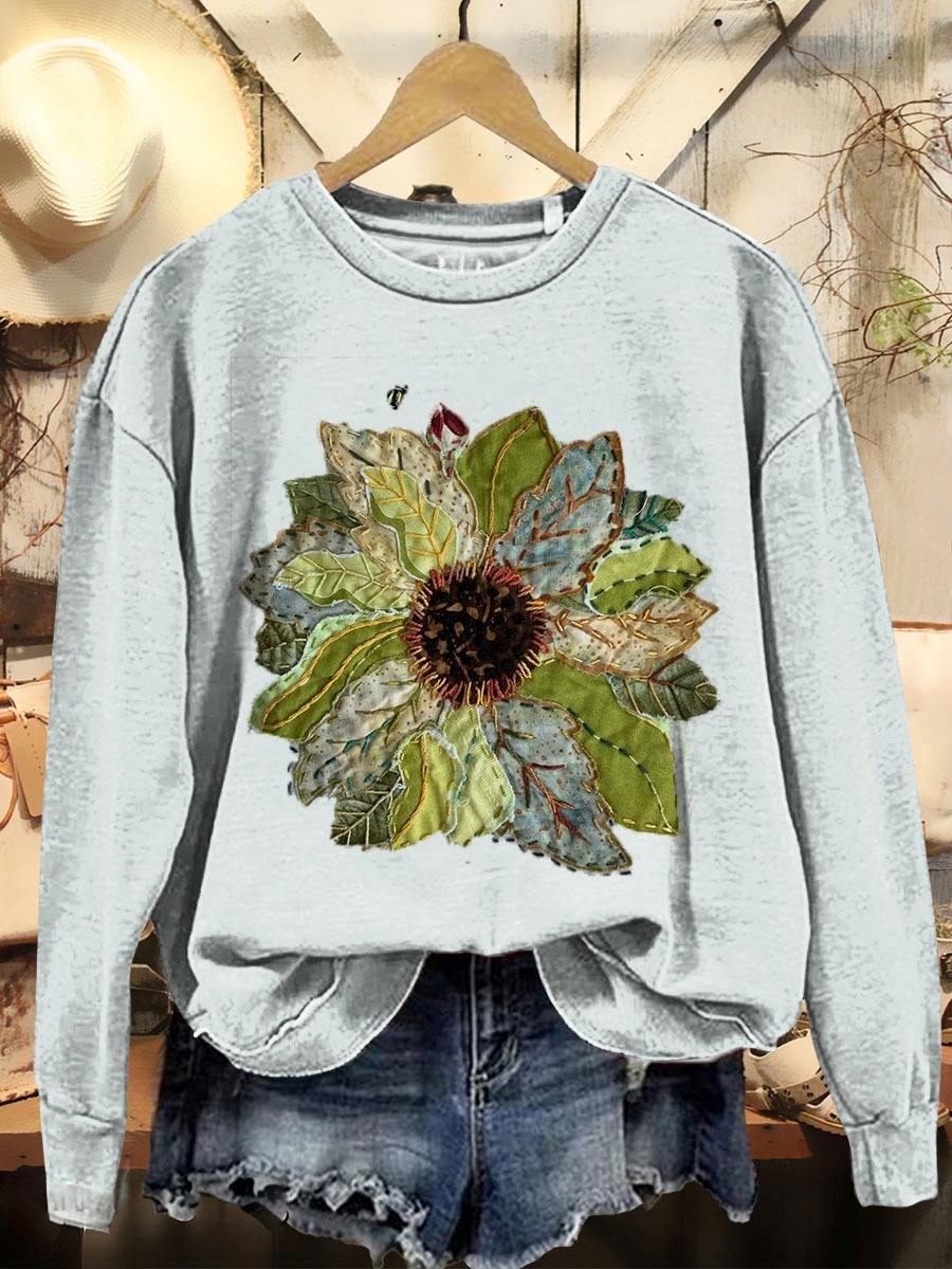 Women's Patchwork Sunflower Art Print Casual Round Neck Sweatshirt