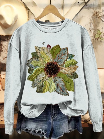 Women's Patchwork Sunflower Art Print Casual Round Neck Sweatshirt