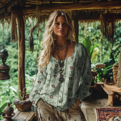 Vintage Tribal Floral Art Cotton Linen Casual Shirt