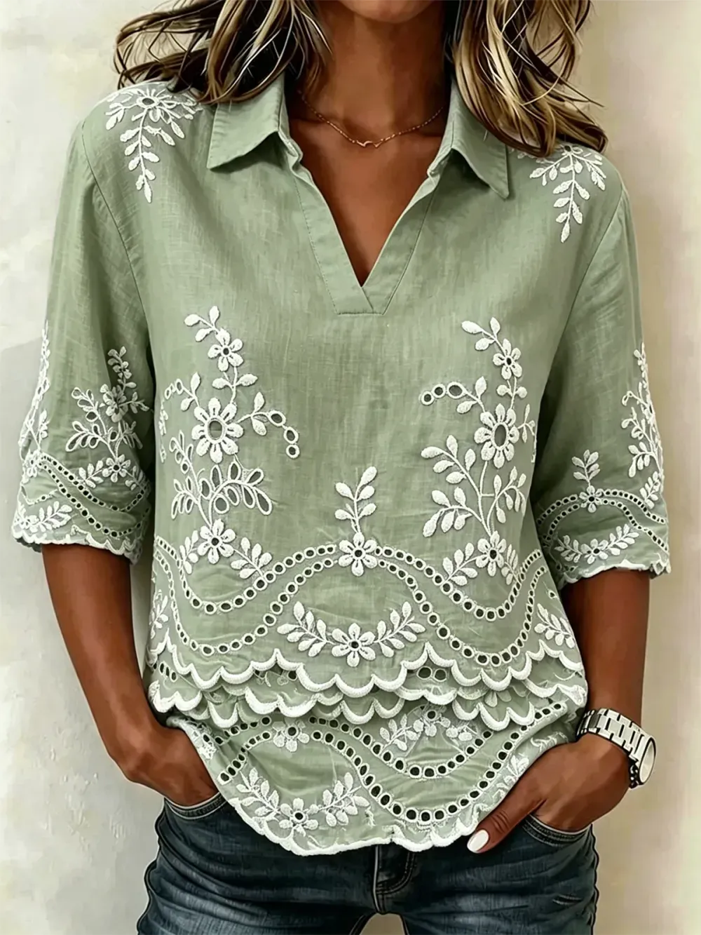 Women's Diagonal Collar Anti Lace Printed Flower Lightweight Loose Shirt