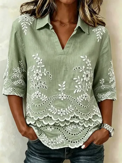 Women's Diagonal Collar Anti Lace Printed Flower Lightweight Loose Shirt