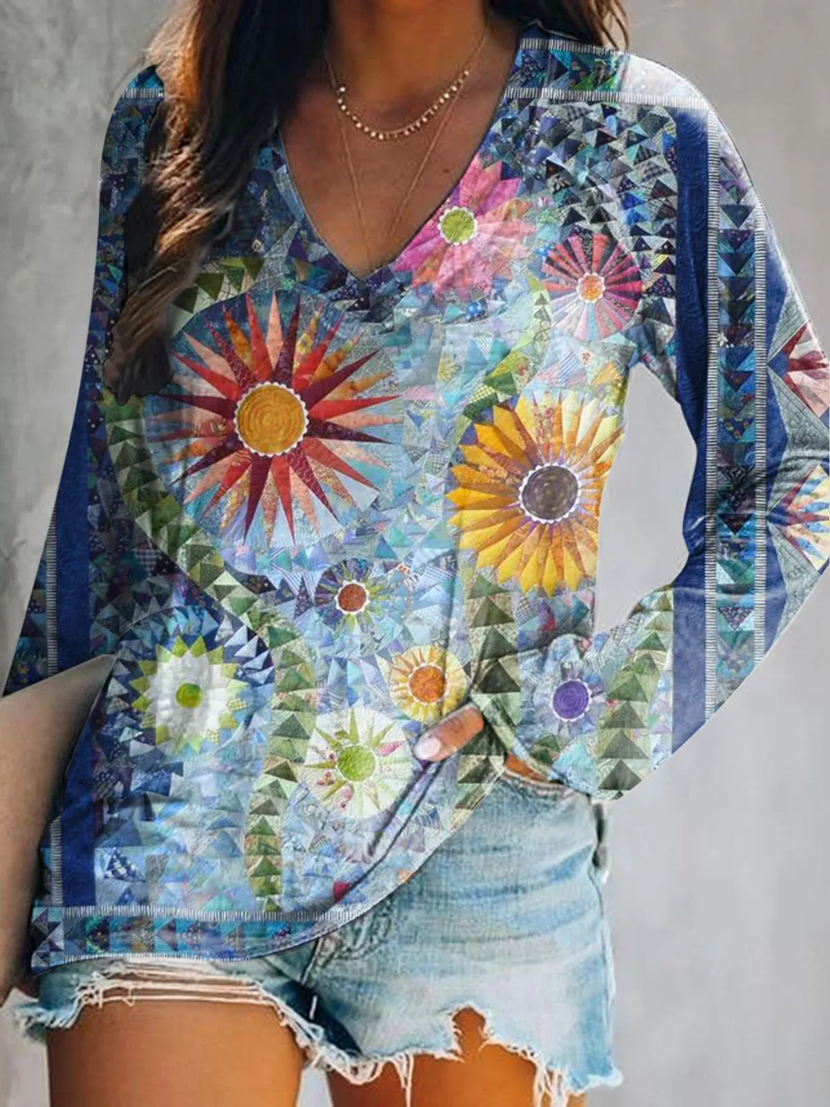 Women's Vintage Bohemian Floral Art Print Casual Cotton Linen Shirt