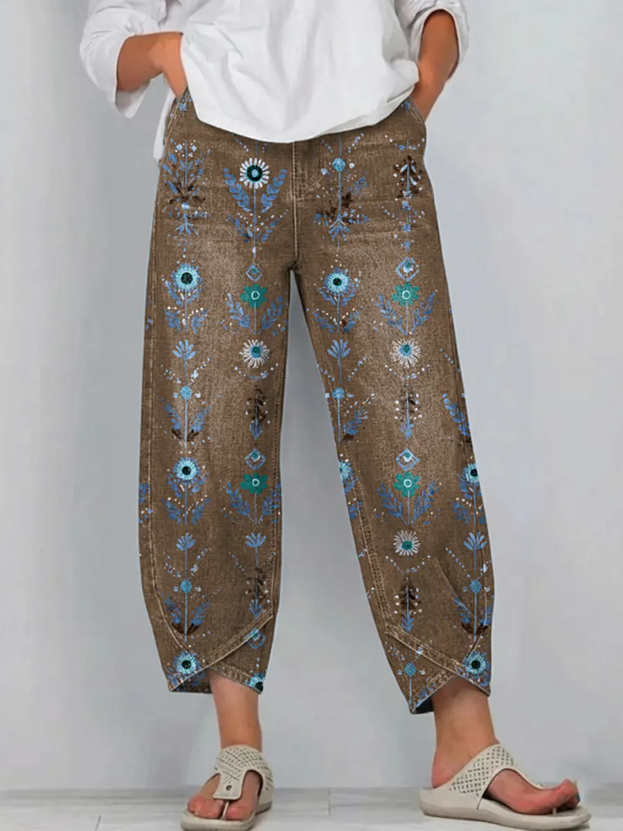 Women's Vintage Floral Art Print Jeans
