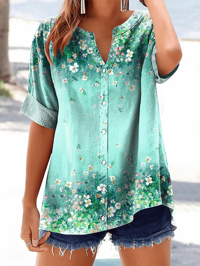 Women's Retro Botanical Floral Button Design V-Neck Three-Quarter Sleeve Shirt