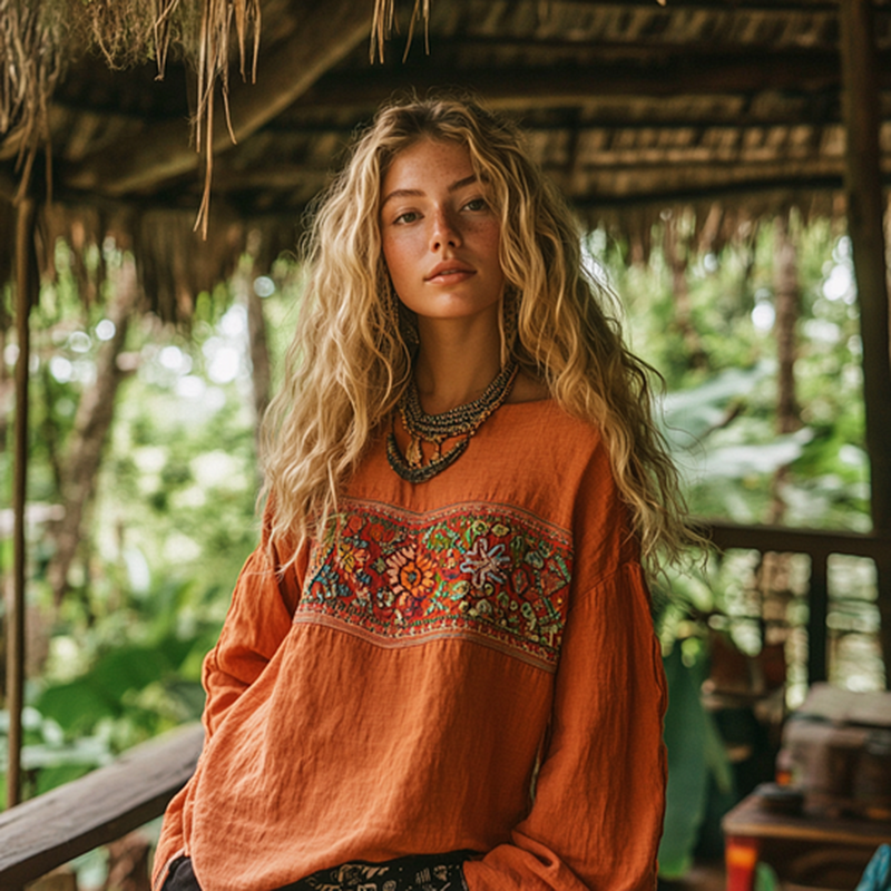 Retro Bohemian Art Print Cotton And Linen Blend Loose Blouse