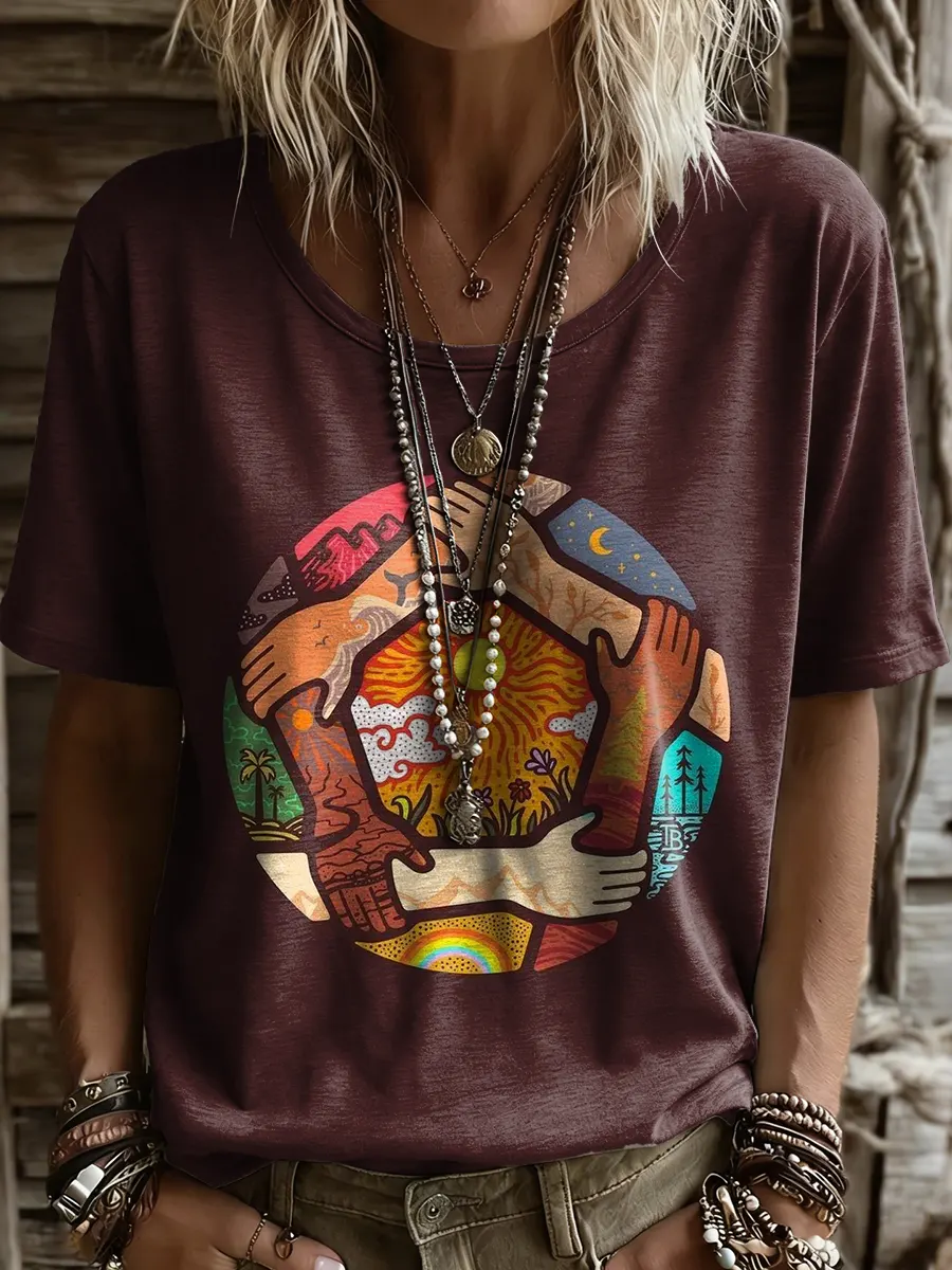 Women's Short-sleeve T-shirt With Artistic “world Peace” Print