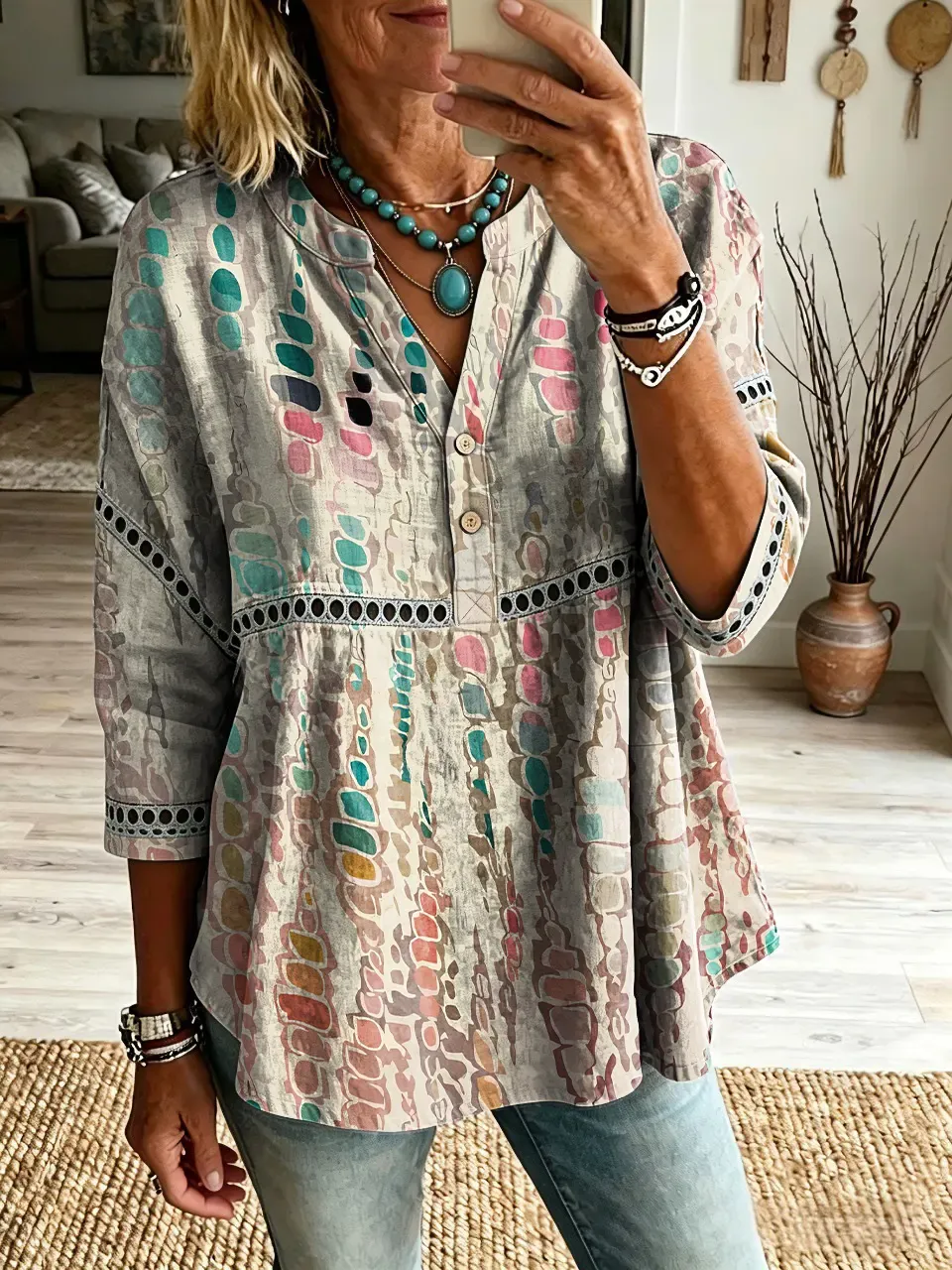 Women's Bohemian-Patterned Artistic Print Casual V-Neck Cutout Top