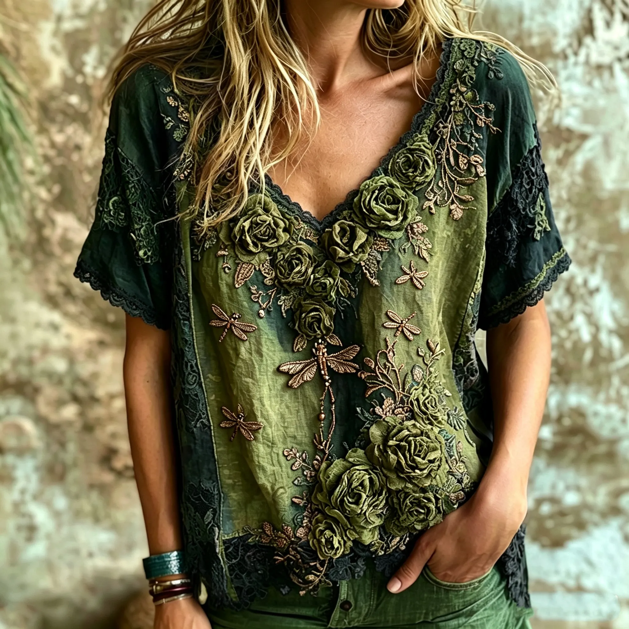 Women's Vintage Bohemian Rose And Dragonfly Embroidered Print Top