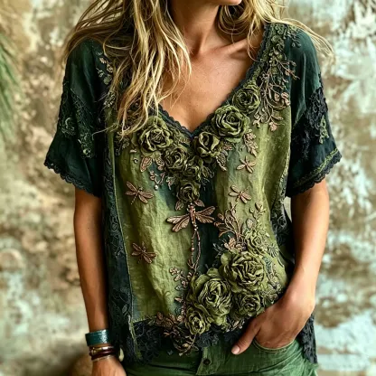 Women's Vintage Bohemian Rose And Dragonfly Embroidered Print Top