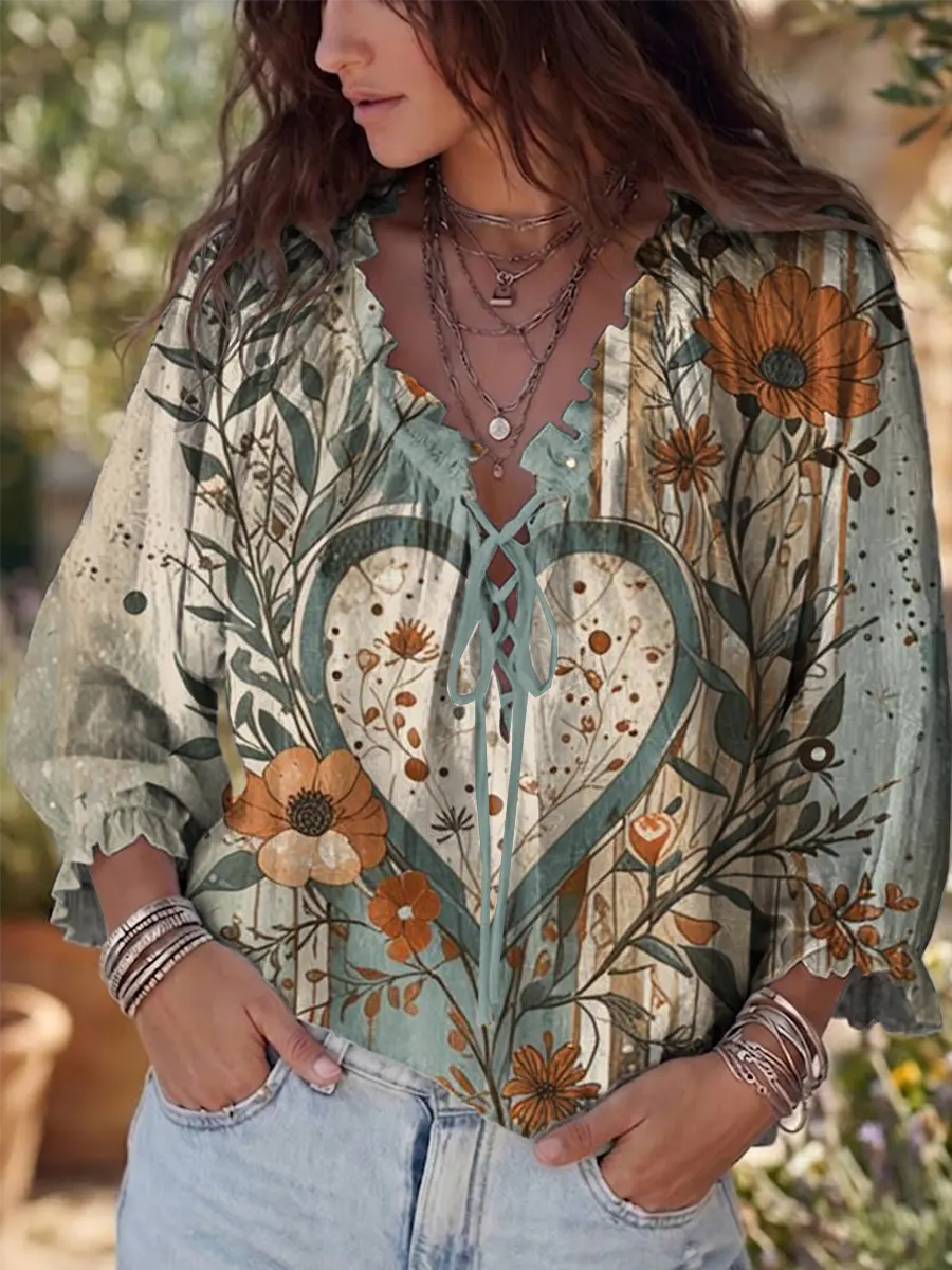Ethnicity Bohemia Flowers Love Women's Art Print Casual Three-quarter Sleeve Ruffle Drawstring Shirt