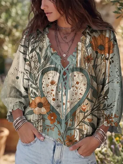 Ethnicity Bohemia Flowers Love Women's Art Print Casual Three-quarter Sleeve Ruffle Drawstring Shirt