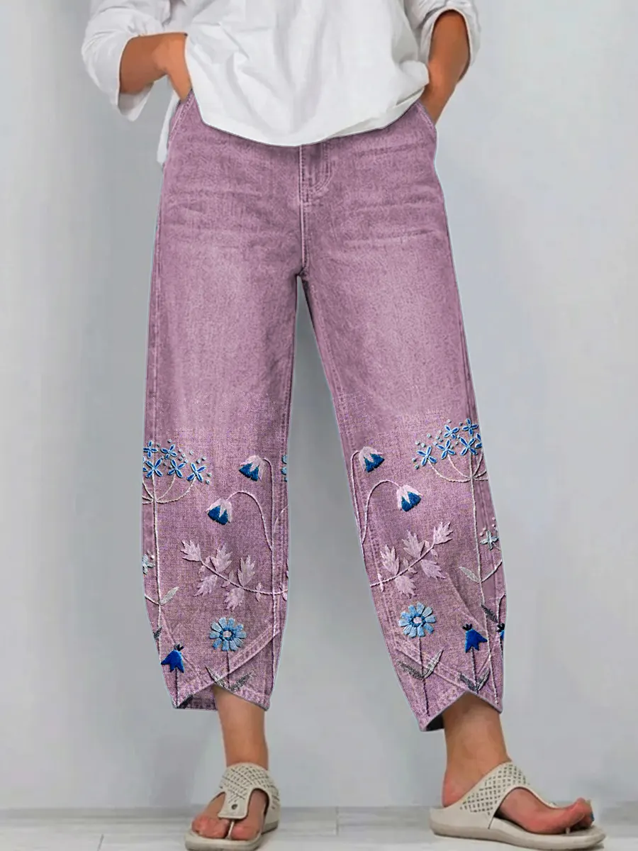 Ethnicity Bohemia Flowers Women's Art Pattern Print Casual Denim Cotton Pants