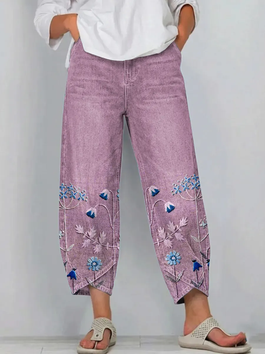 Ethnicity Bohemia Flowers Women's Art Pattern Print Casual Denim Cotton Pants