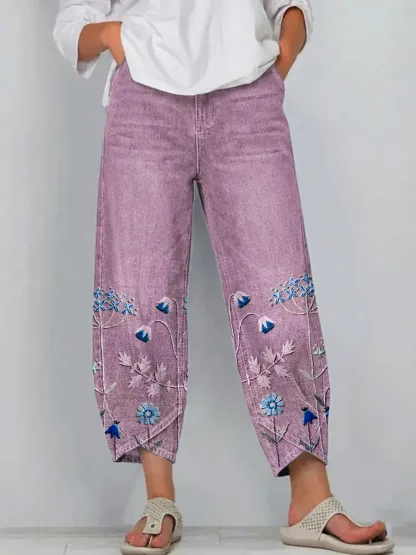 Ethnicity Bohemia Flowers Women's Art Pattern Print Casual Denim Cotton Pants