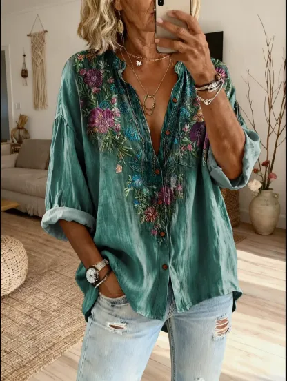Women's Vintage Textured Floral Art Print Casual Cotton-Linen Blend Shirt
