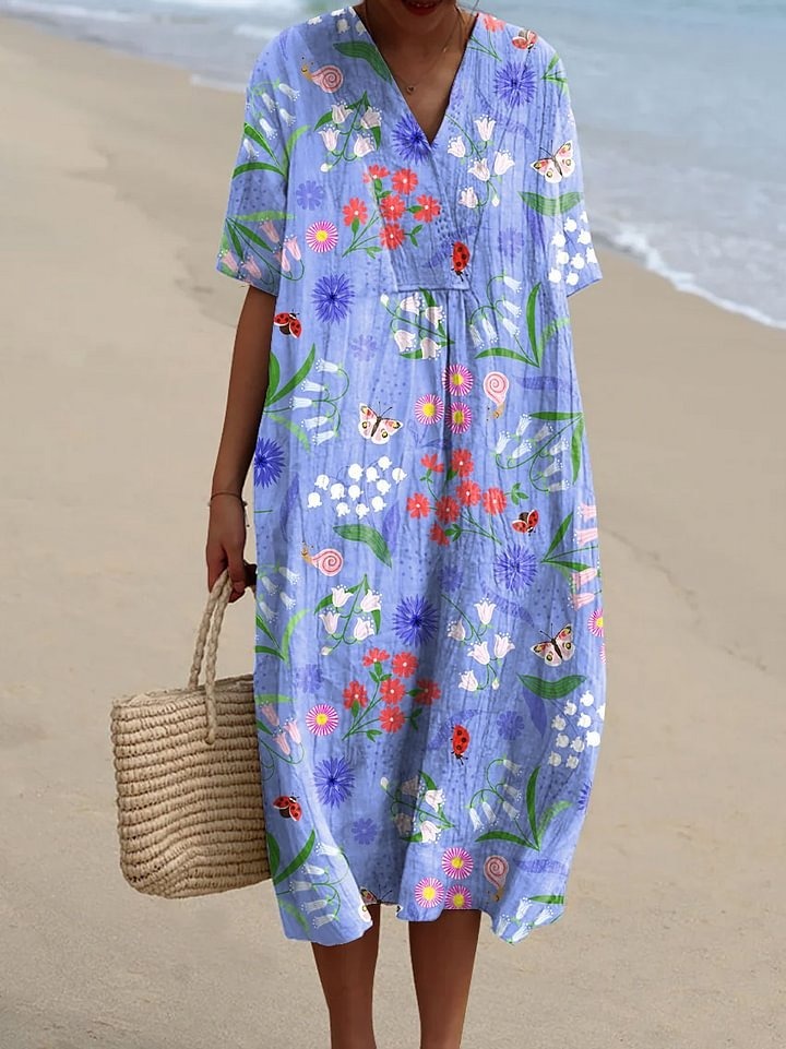 Women's Vintage Flower Art Print Casual Linen V-neck Shirt