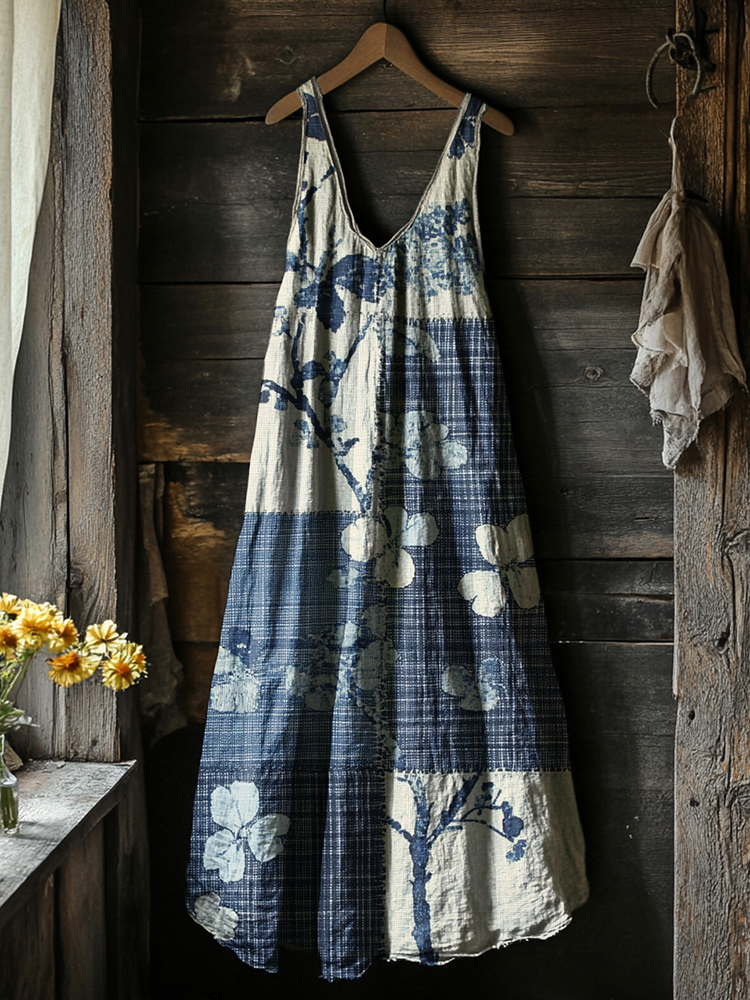 Women's Vintage Floral Art Linen Vest Dress