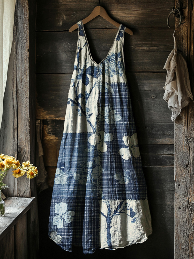 Women's Vintage Floral Art Linen Vest Dress