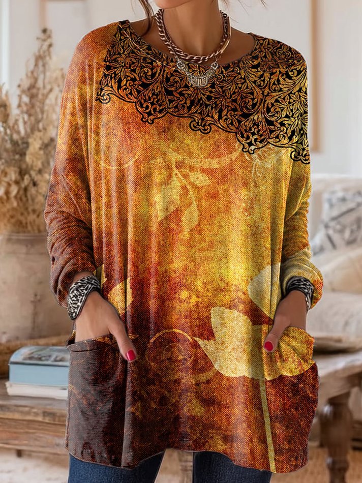 Women's Vintage Art Print Casual Long-Sleeve Crew Neck Cotton T-Shirt