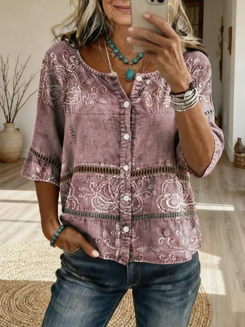 Women's Retro Pink Textured Art Print Casual Cutout Top