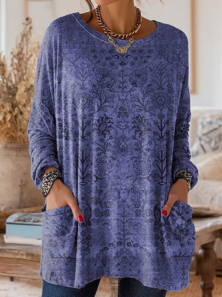 Women's Retro Ethnic Art Print Casual Long-Sleeve Round Neck Cotton T-Shirt