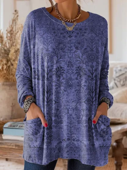 Women's Retro Ethnic Art Print Casual Long-Sleeve Round Neck Cotton T-Shirt