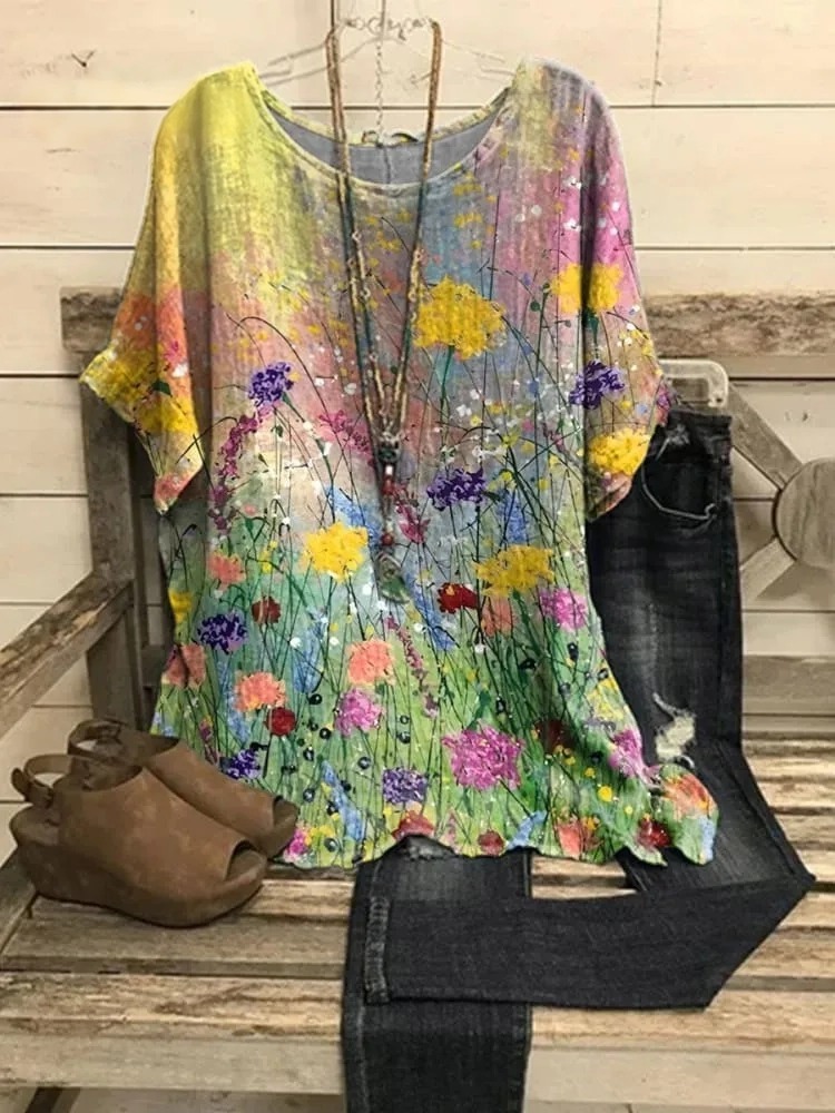 Women's Retro Elegant Floral Art Print Casual Top