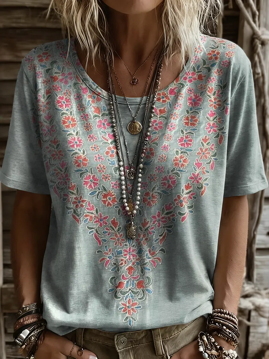 Women's Bohemian Tattoo Floral Art Print Casual Crew Neck Short-Sleeve T-Shirt