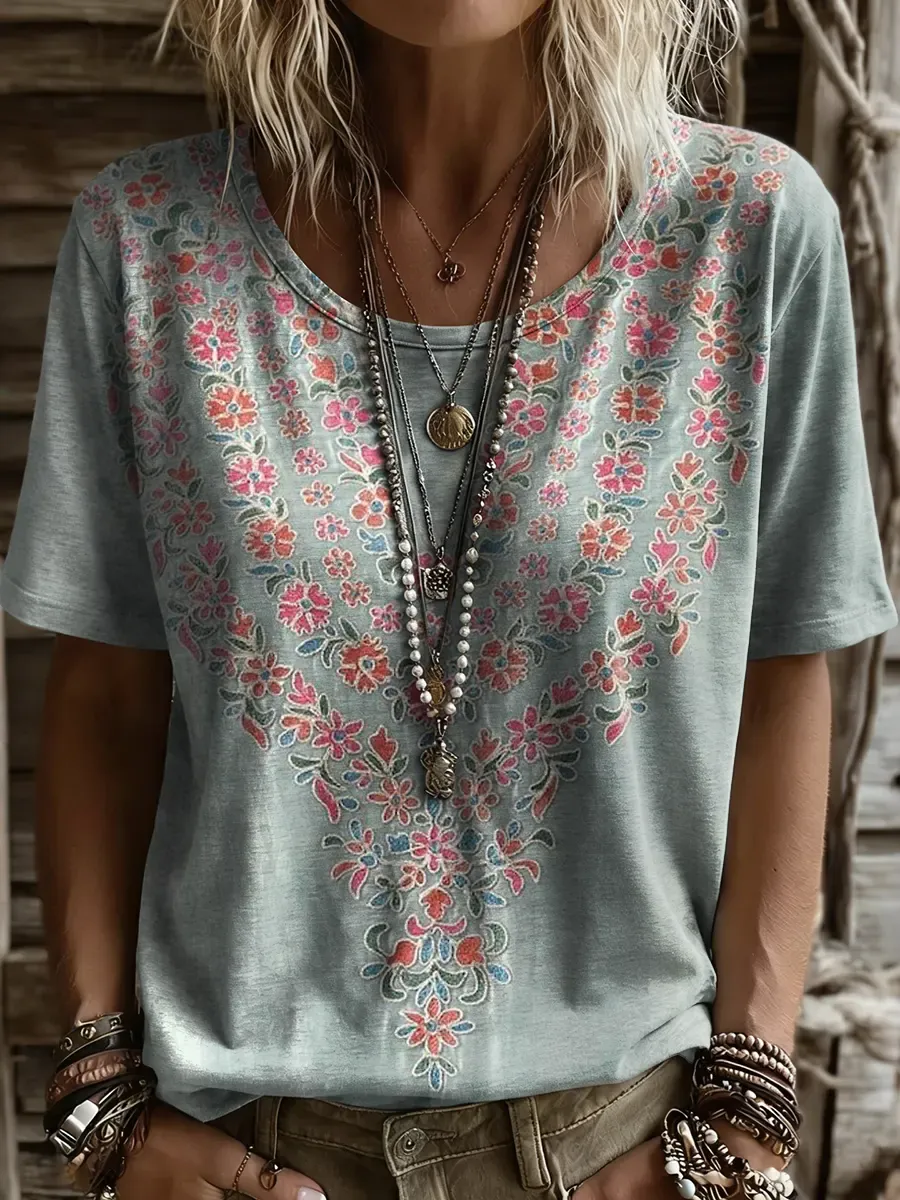 Women's Bohemian Tattoo Floral Art Print Casual Crew Neck Short-Sleeve T-Shirt