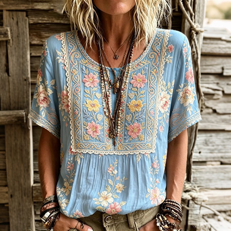 Women's Retro Floral Embroidered Art Round Neck Short Sleeve Linen Blend T-shirt